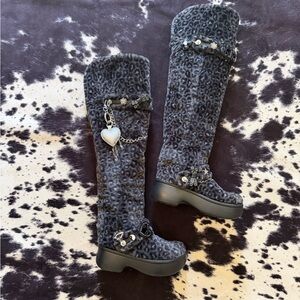 CROCS Leopard Print Knee-High Platform Boots with Heart Charm